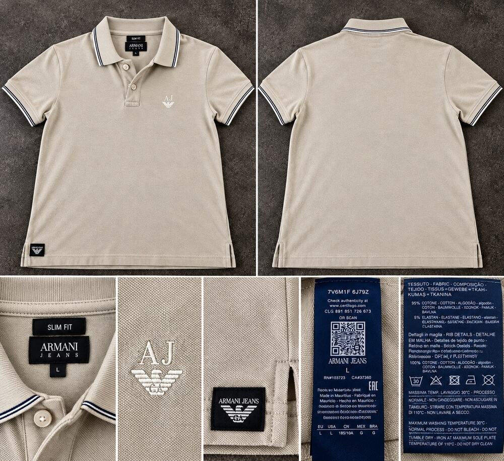 Armani Jeans Mens L Slim Fit Beige Polo Shirt AJ Eagle Logo Designer